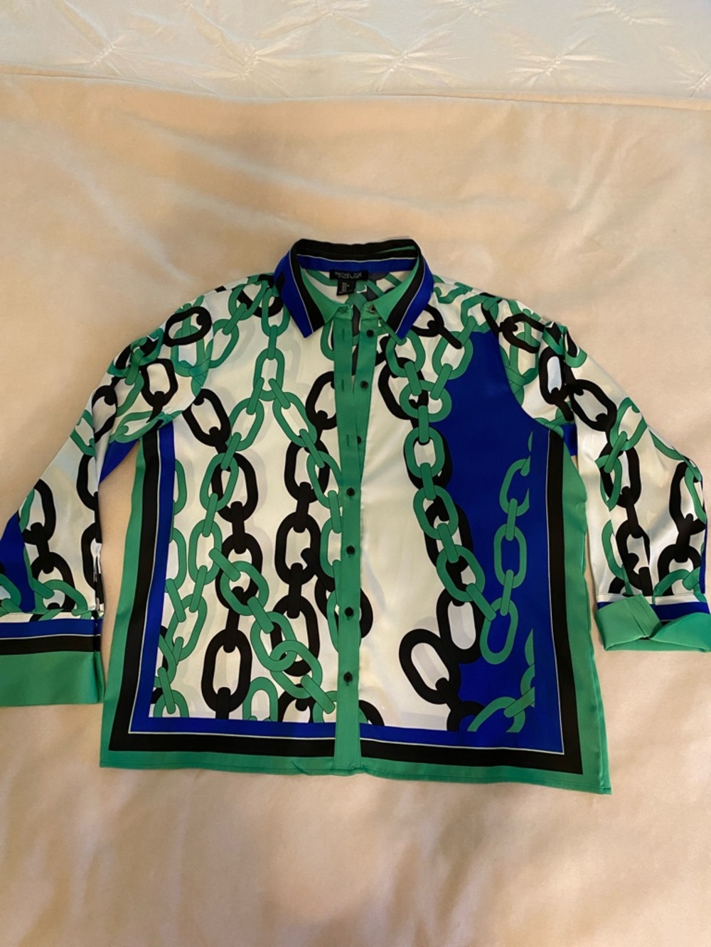 Rachel Zoe Green, Blue & Black Chain-Print Button Front Blouse